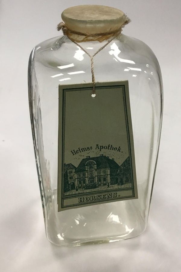 Antique Holmegaard Apotekerflasken, jar with text AQUA LIL CONV C.V. from 1979