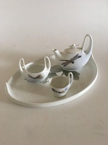 Antique Very Rare Royal Copenhagen Art Nouveau Coffee Set with Pot, Cup, Sugar Bowl and Tray No 4 with Dragonflies