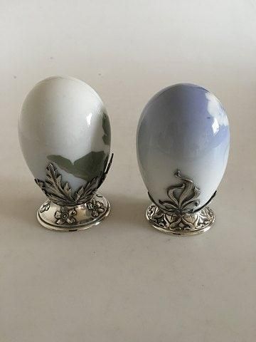 Antique Pair of Royal Copenhagen Art Nouveau Eggs with A. Michelsen Stirling Silver Mounted Pieces.