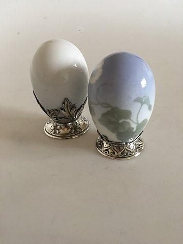 Antique Pair of Royal Copenhagen Art Nouveau Eggs with A. Michelsen Stirling Silver Mounted Pieces.