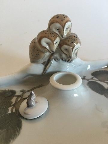 Antique Royal Copenhagen Art Nouveau Inkwell Set with 3 Owls and 1 mouse