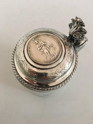 Antique Royal Copenhagen Mug from 1790-1810 with Silver Lid Ornamented with a Religious Motif