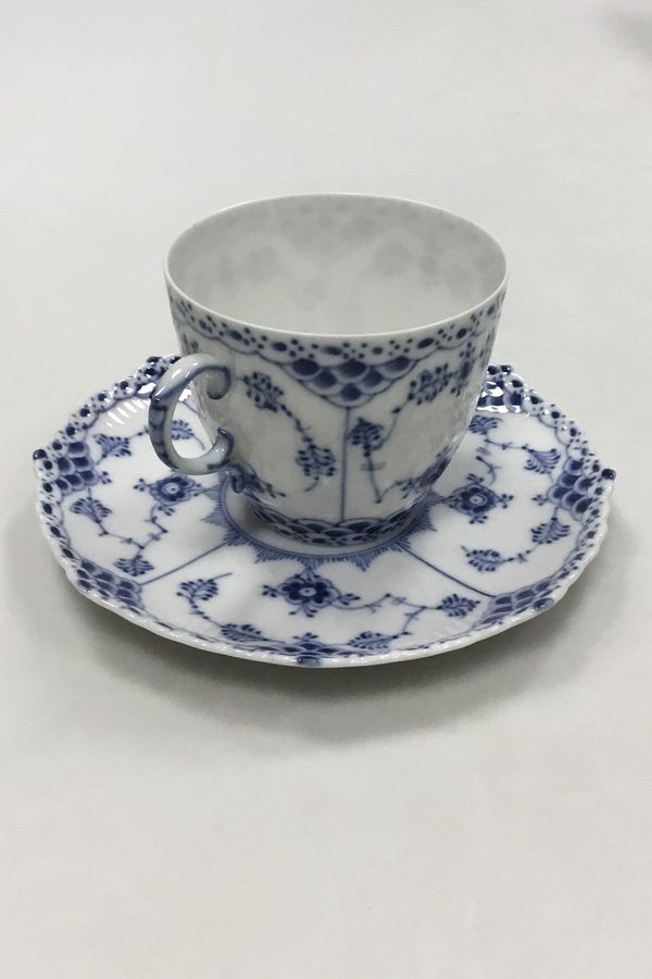 Antique Royal Copenhagen Blue Fluted Full Lace Coffee Cup and Saucer No 1035