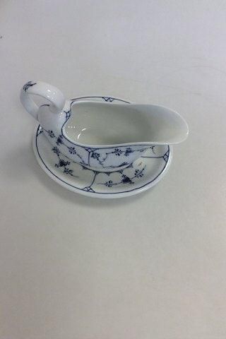 Antique Royal Copenhagen Blue Fluted Plain Gravy Boat with attached underplate No 201