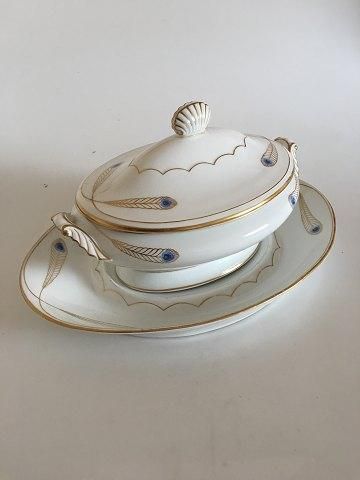 Antique Royal Copenhagen No 118 Soup Tureen with Lid and Under Platter. w. Golden Peacock Feather Ornament