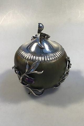 Antique Royal Copenhagen(Patrick Nordstrøm)Stoneware jar with Anton Michelsen Silver mounting and 30 amethysts