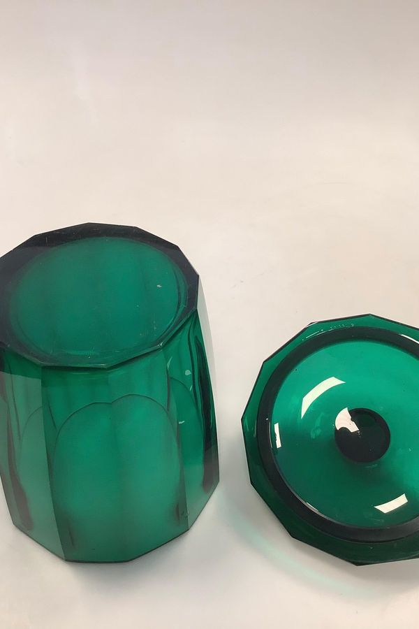 Antique Large Beautiful Lidded Jar in Green Glass in Josef Hoffmann style