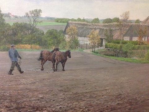 Antique Large and nice Oil painting by Ole Ring with motif of landscape, farm house and man with horse