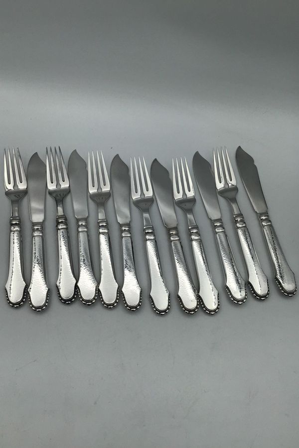 Antique Svend Toxværd Silver Christiansborg Fish Cutlery Set 6 persons (12 pieces)