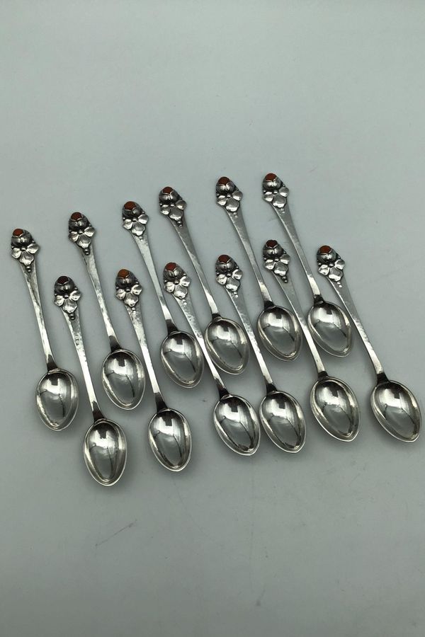 Antique Set Danish Work (DTA) Silver Coffee Spoons with Amber (12)