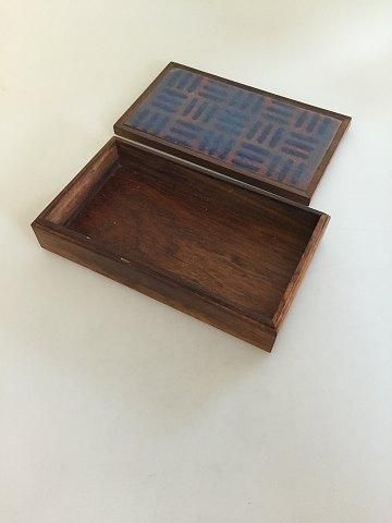 Antique Wooden Palisander Box with Ceramic Enamel Lid in Shades of Blue.