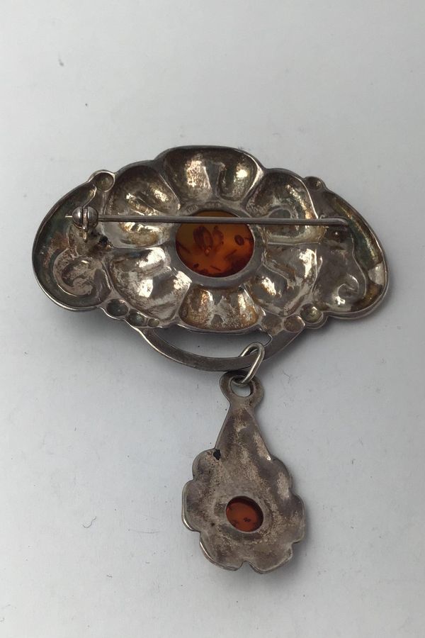 Antique TS Design Sterling Silver Brooch with Amber
