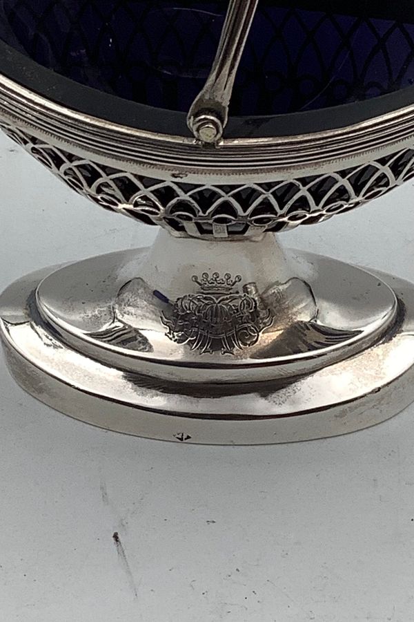 Antique Older Antique Silver salt cellar with handle and glass insert