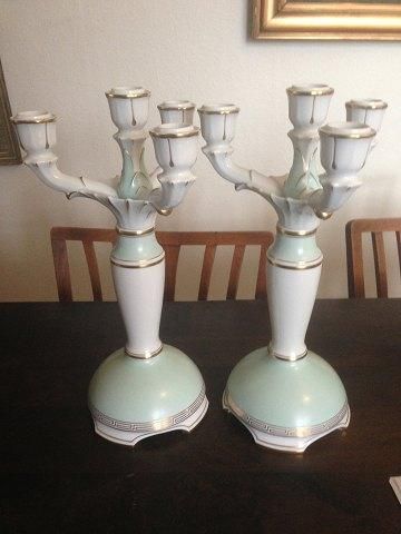 Antique Bing & Grondahl Pair of 4-Arm Candelabra's in mint green and with gold
