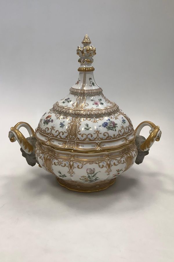 Antique Bing and Grondahl Rosenborg Lidded bowl with goat handle