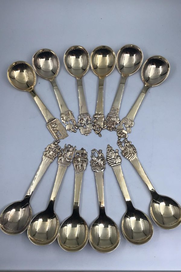 Antique H.C. Andersen Fairy Tale Silver Gilt Spoons/Spoons Set (12)