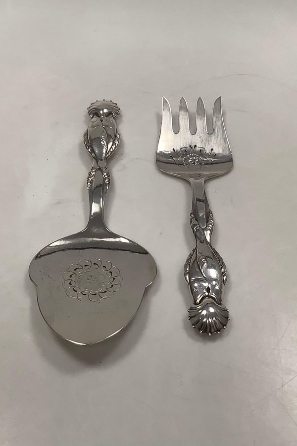 Georg Jensen Sterling Silver Ornamental Fish Serving Fork and Spade No 55