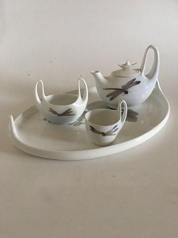 Very Rare Royal Copenhagen Art Nouveau Coffee Set with Pot, Cup, Sugar Bowl and Tray No 4 with Dragonflies