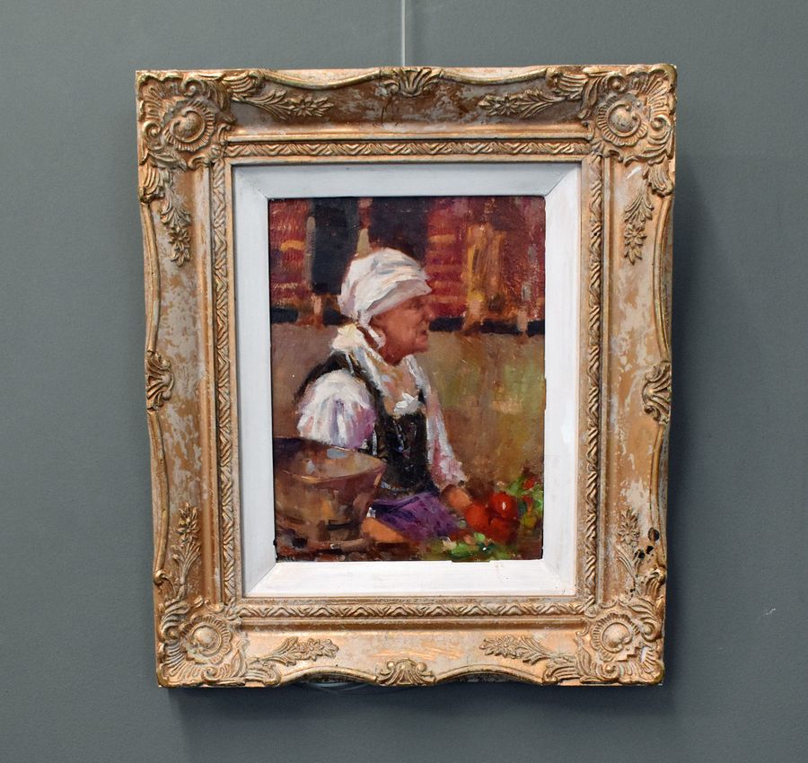 ‘Old Woman in Market’  Ken Moroney (1949- 2018) British.