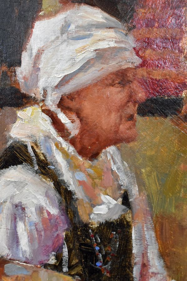 Antique ‘Old Woman in Market’  Ken Moroney (1949- 2018) British.