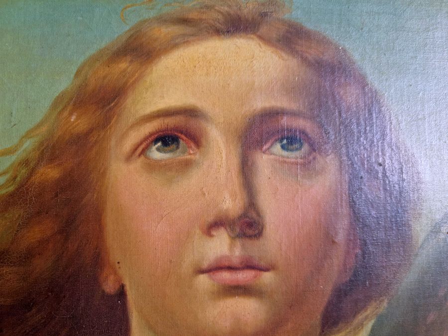 Antique 1865 Large Antique Signed Oil On Canvas Painting Of An Angel Antique, 19th Century Ecclesiastical Religious Art