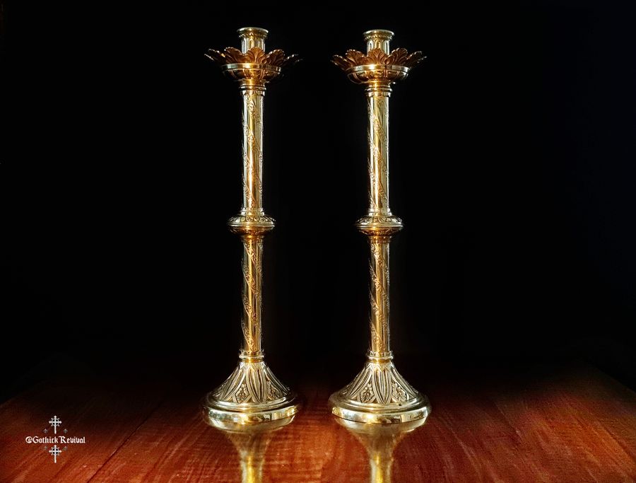 A Pair Of Large 48cm Antique Gothic Revival Pugin Influence Brass Candlesticks, 19th Century