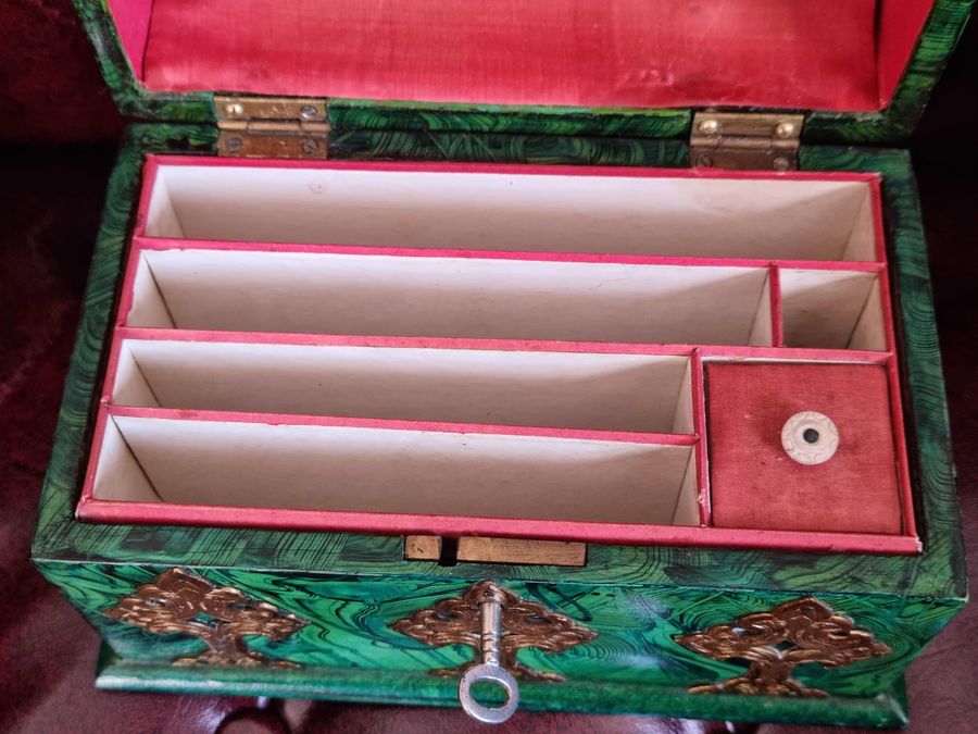 Antique Very Rare Antique Simulated Malachite Victorian Stationary Box, 19th Century