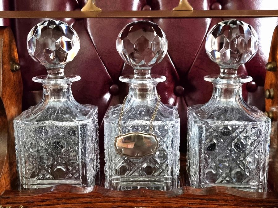Antique Exquisite Antique 19th Century Oak & Glass Tantalus Drinks Decanter, Victorian Gothic Revival Brass