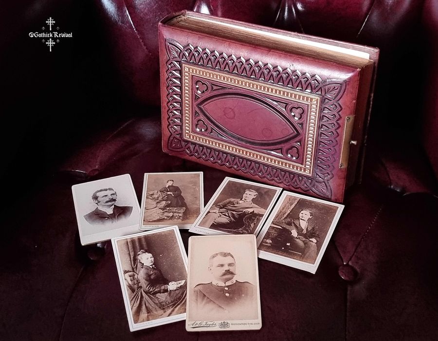 Antique 19th Century Gothic Revival Photo Album Containing 69 Photos, Cartes De Visite
