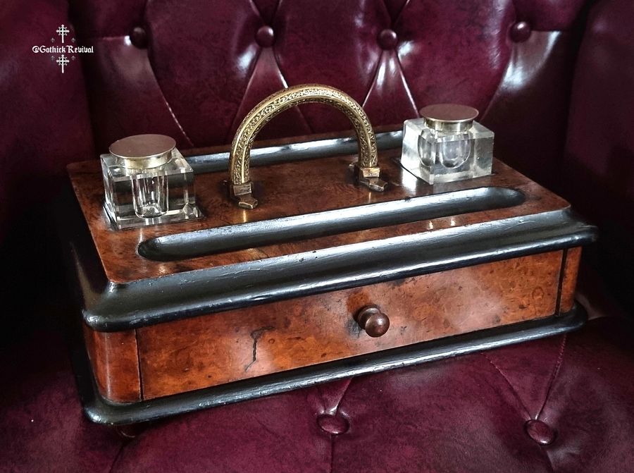 Superb Antique 19th Century Walnut Inkwell Desk Stand, Victorian