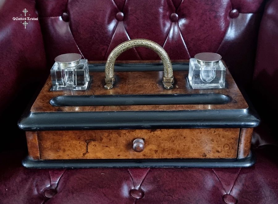 Antique Superb Antique 19th Century Walnut Inkwell Desk Stand, Victorian