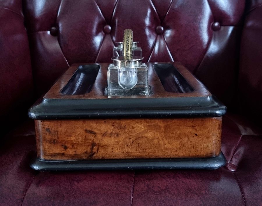 Antique Superb Antique 19th Century Walnut Inkwell Desk Stand, Victorian
