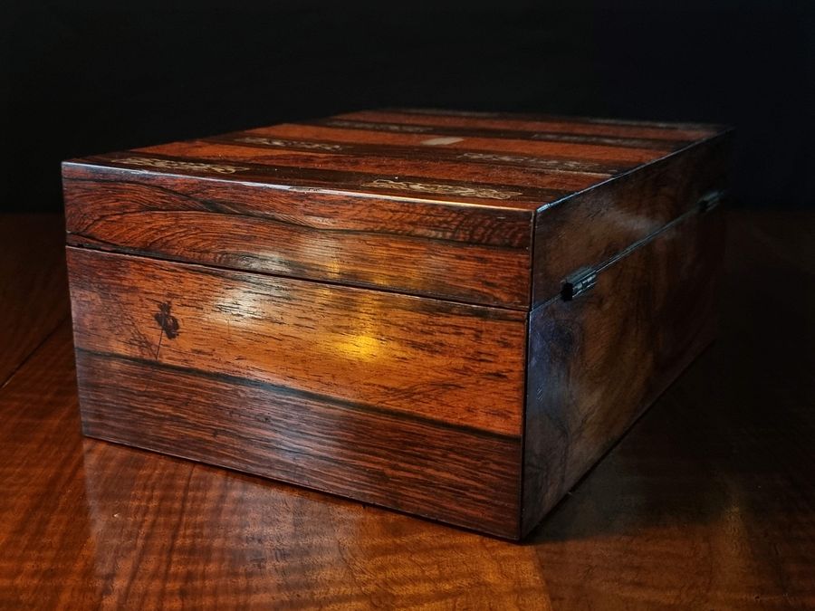 Antique A Fine Quality Antique Rosewood & Amboyna Wood Pearl Inlaid Sewing Box, 19th Century Victorian
