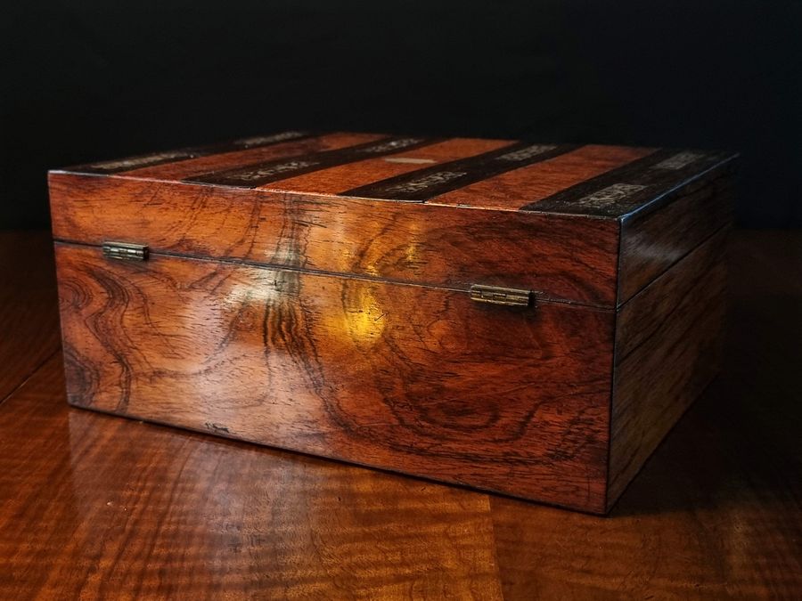 Antique A Fine Quality Antique Rosewood & Amboyna Wood Pearl Inlaid Sewing Box, 19th Century Victorian