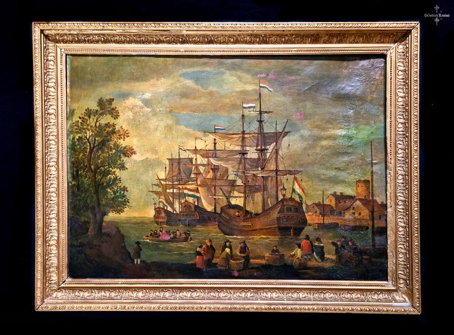 Impressive Large Dutch 18th-19th Century  Oil Painting Of Ships Antique Seascape