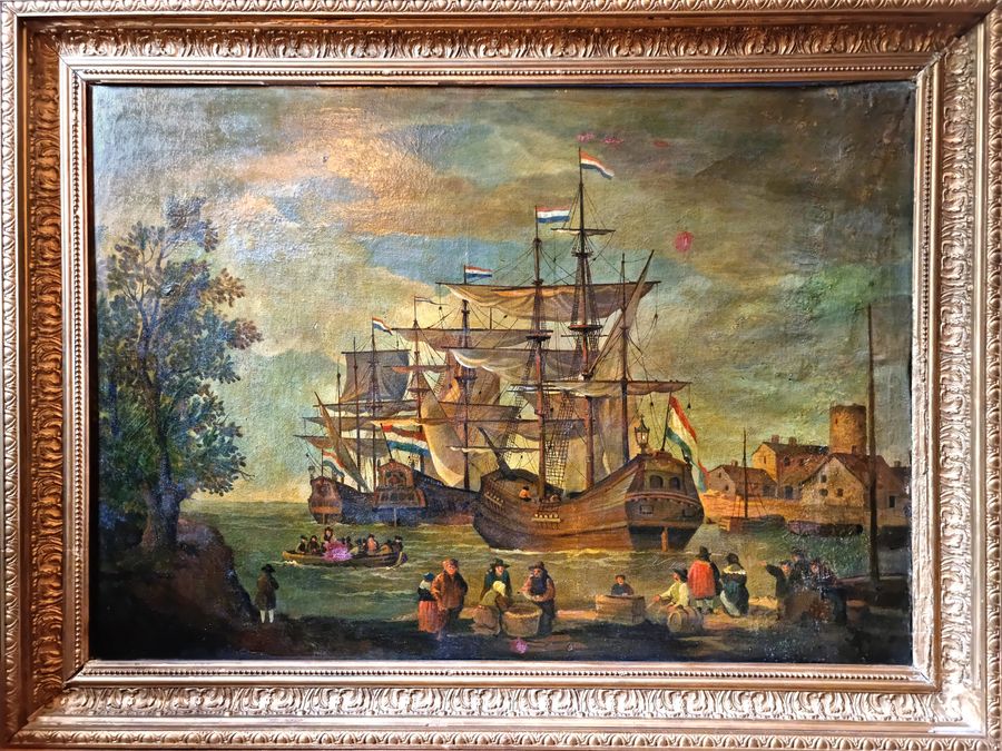 Antique Impressive Large Dutch 18th-19th Century  Oil Painting Of Ships Antique Seascape