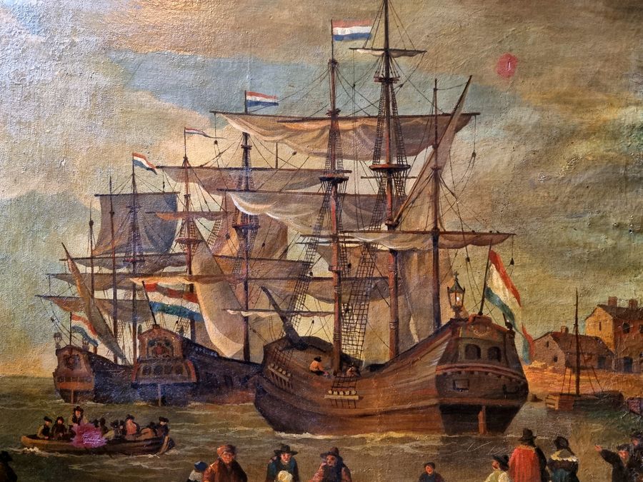 Antique Impressive Large Dutch 18th-19th Century  Oil Painting Of Ships Antique Seascape