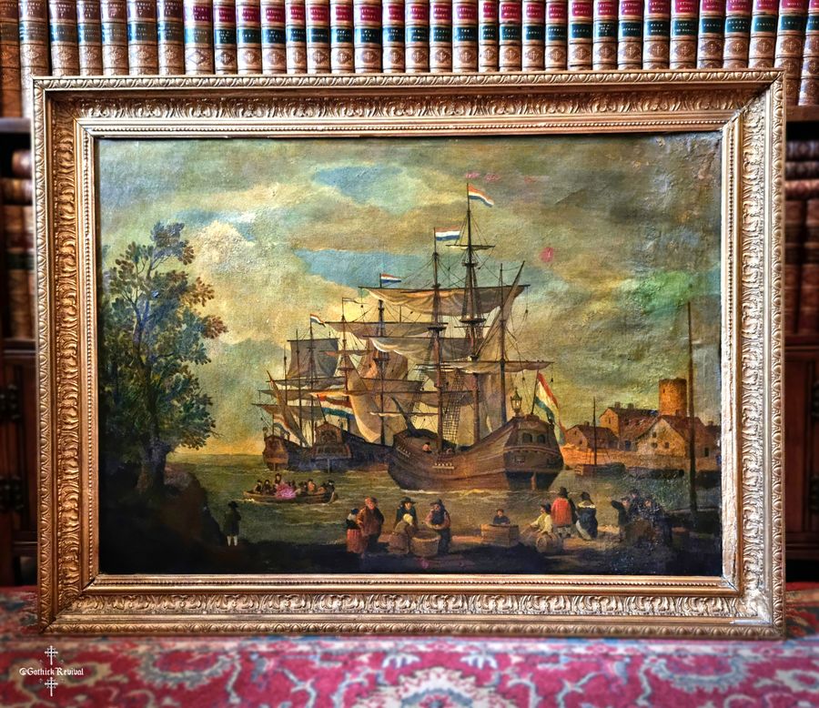 Antique Impressive Large Dutch 18th-19th Century  Oil Painting Of Ships Antique Seascape