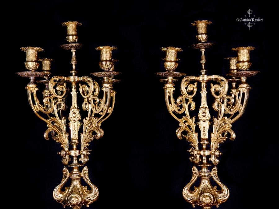 Antique Impressive Antique Baroque Gilt Brass Candelabra Candle Holders 19th Century