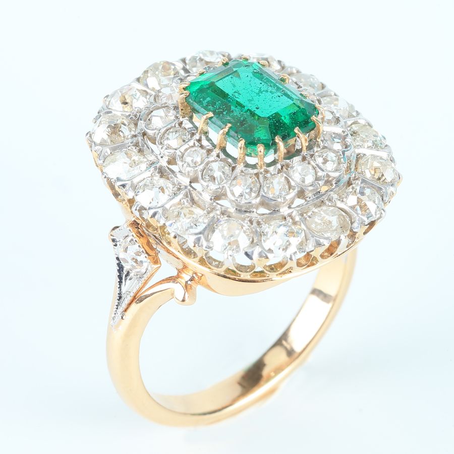 Antique 19K Gold and Platinum Ring - Emerald and Diamonds