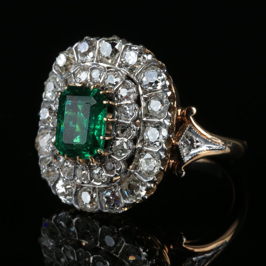 Antique 19K Gold and Platinum Ring - Emerald and Diamonds