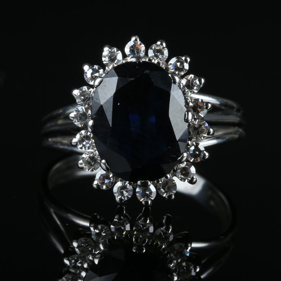 Antique 19K White Gold Ring - Sapphire and Diamonds