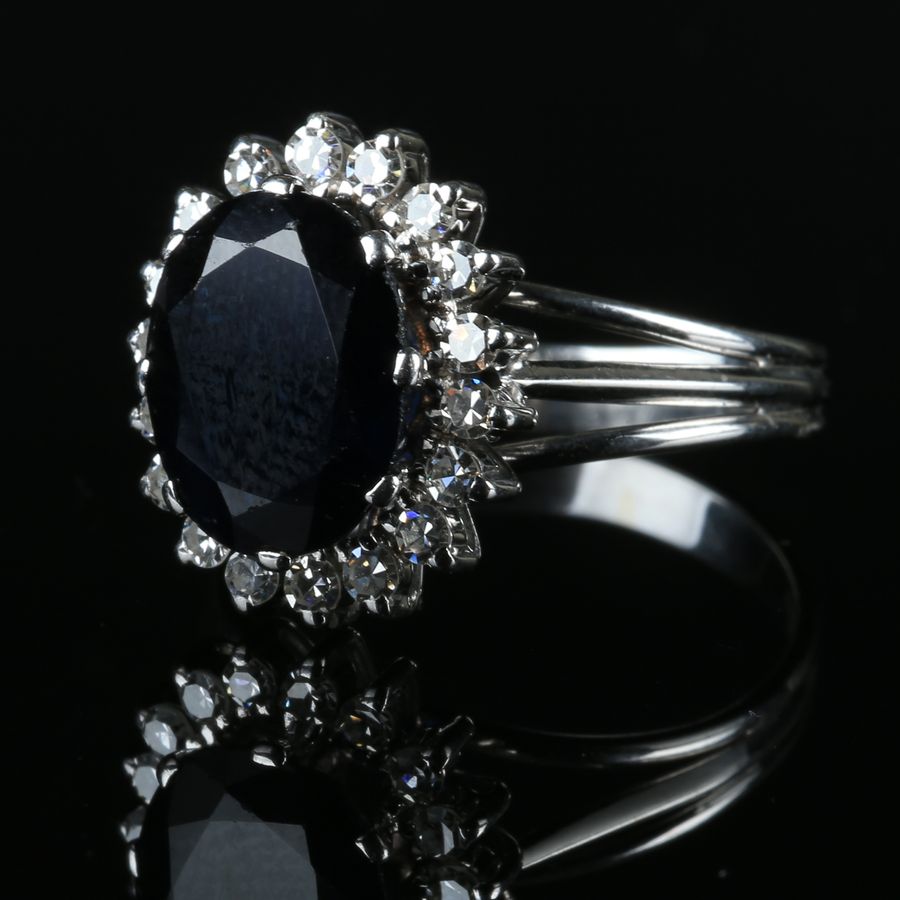 Antique 19K White Gold Ring - Sapphire and Diamonds