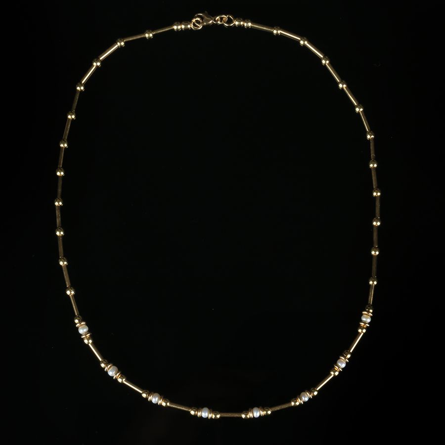 Antique 19K Gold Necklace, tubes, spheres and pearls
