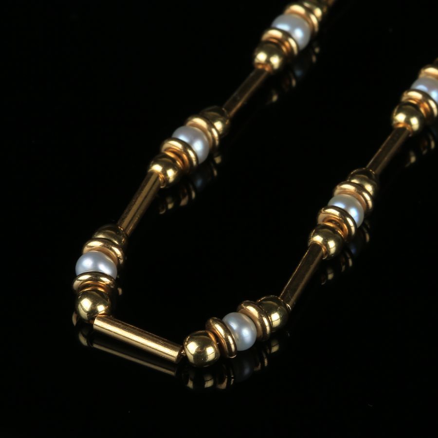 Antique 19K Gold Necklace, tubes, spheres and pearls
