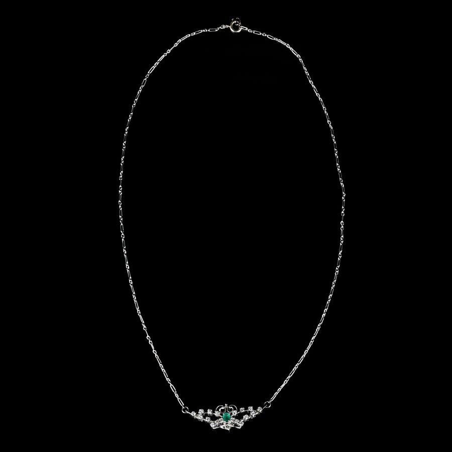 Antique 19K White Gold Necklace - Emerald and Diamonds
