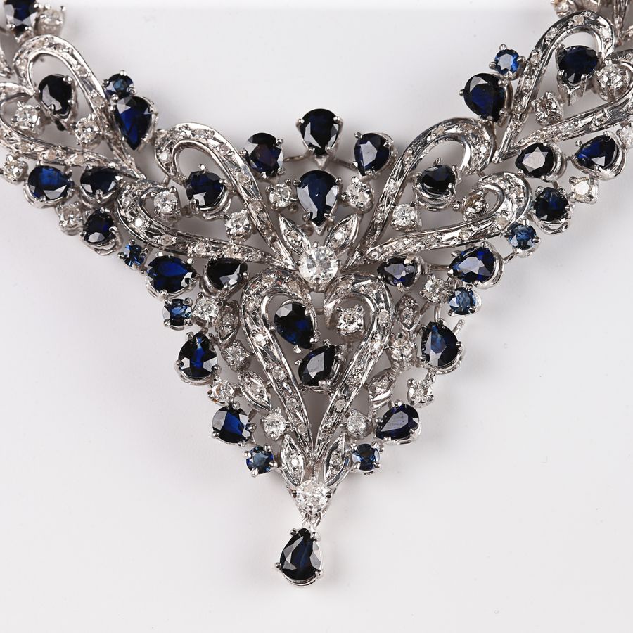 Antique Rare 18K Gold Princess Necklace with Diamonds and Navy Blue Sapphires
