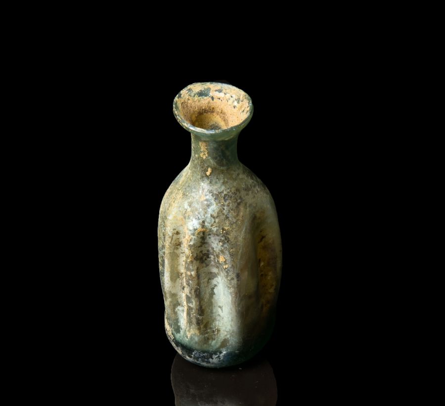 Antique Ancient Roman Fluted Glass Unguents Bottle 