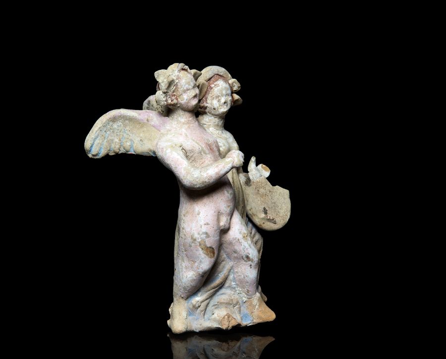 Antique Greek Canosa terracotta statue of Eros and Psyche