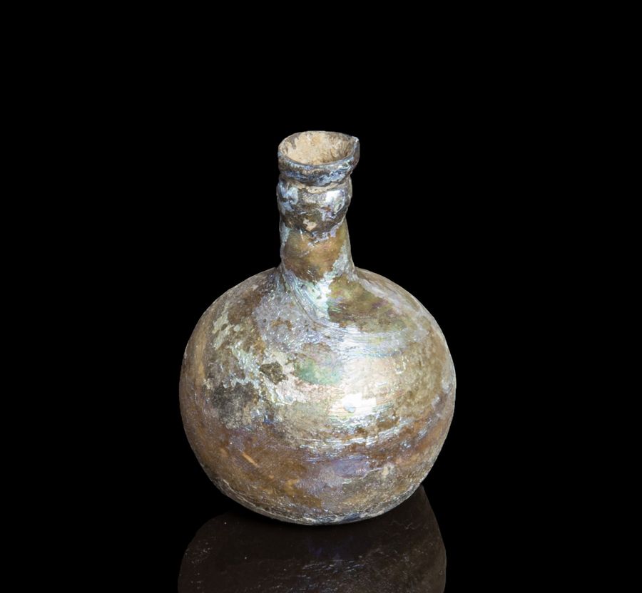 Antique Ancient Roman glass cosmetics flask with pretty iridescence